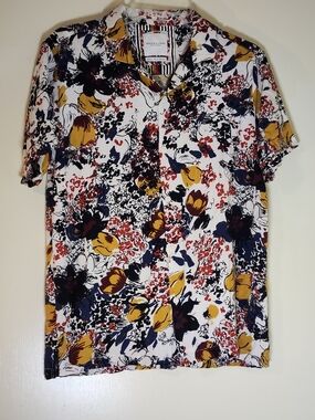Denim & Flower White Floral Short-Sleeve Button-Down Shirt - Mustard Navy Red